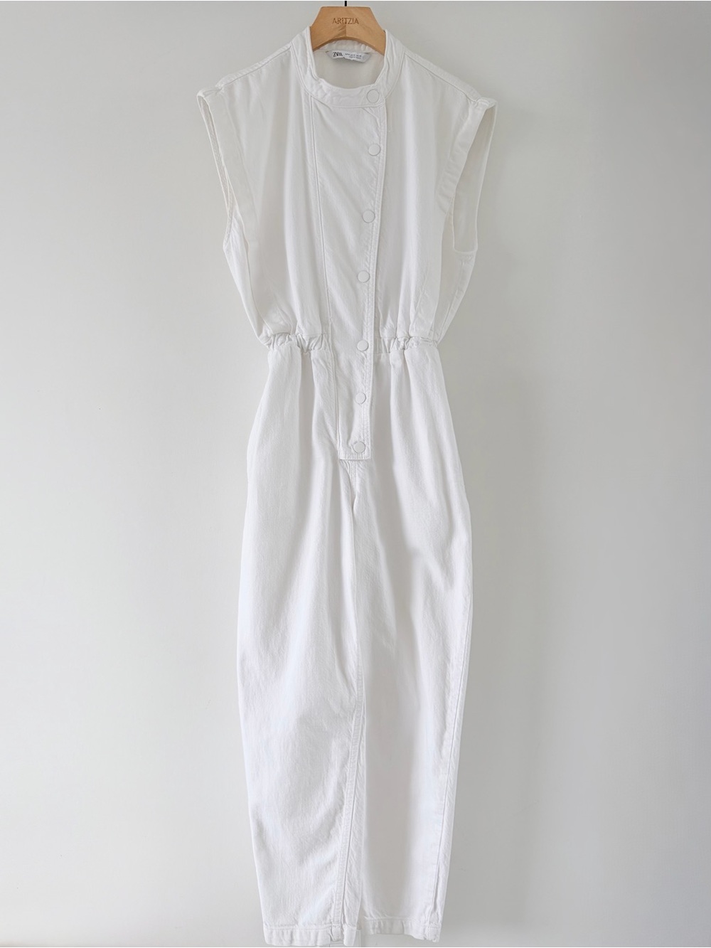 Zara White Denim Utility Jumpsuit Sleeveless Barrel Leg Snap Front Size M - Picture 2 of 11